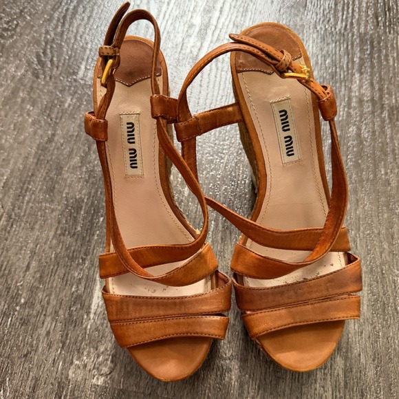 Miu Miu Brown Leather Espadrille Wedge Sandals Gold Accent Heel 34.5 EU / 4.5 US - Picture 2 of 12